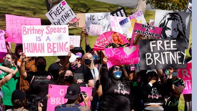 Fans hold 'Free Britney' placards outside the court hearing in Los Angeles. Pic: AP